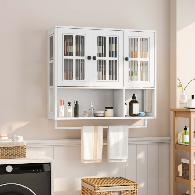3-Door Wooden Bathroom Wall Cabinet With Glass Door, Open And Hidden Storage, Towel Bar For Versatile Home Use, White