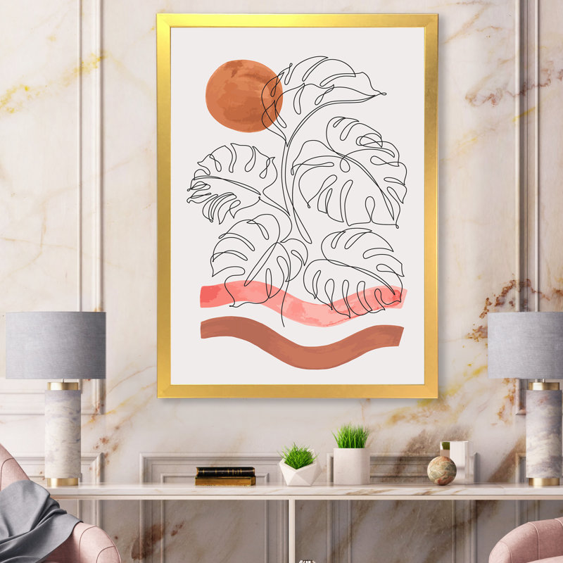 One Line Tropical Leaf Plant - Peinture sur toile, H 32 po x l 16 po x P 1 po, Cadre doré