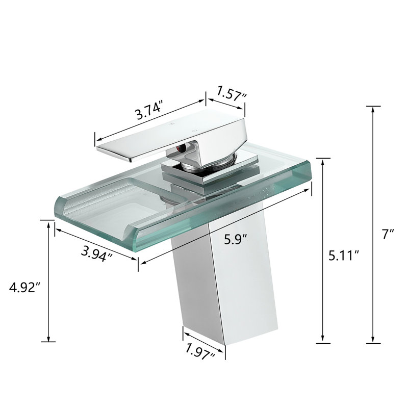 Robinet de lavabo de salle de bain à DEL: bec cascade 3 couleurs, fixation sur le comptoir, poignée simple, mélangeur d'eau chaude et froide, robinet contemporain de fabrication en laiton: trou à changement de couleur, et mélange, valve de type cartouche