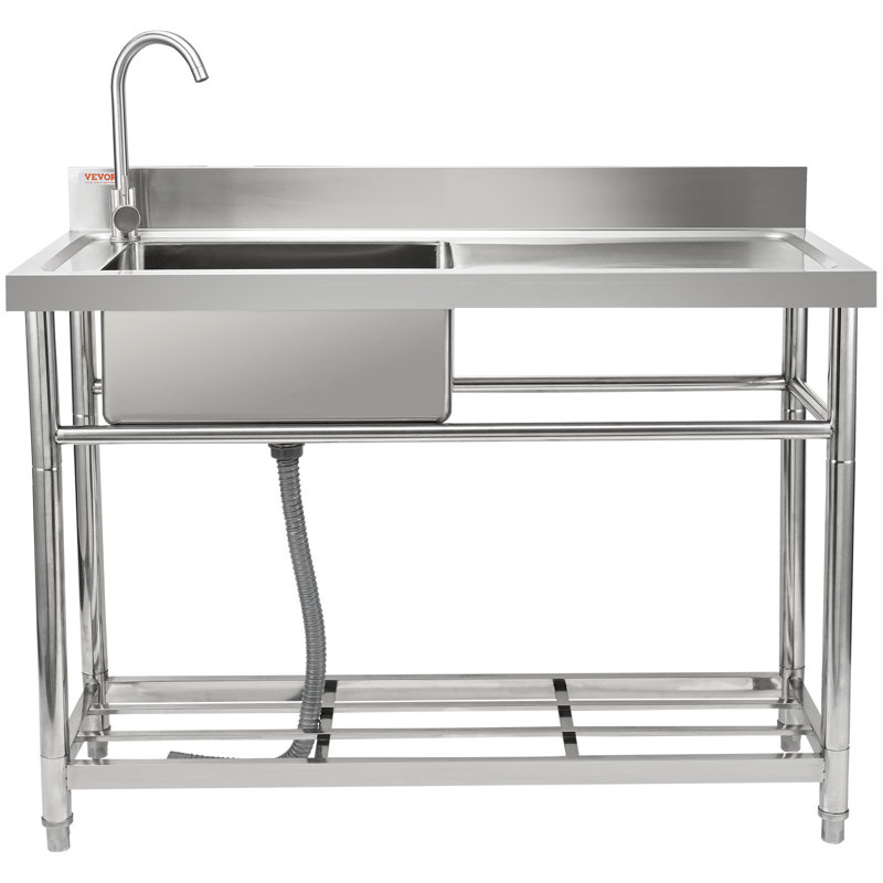Stainless Steel Utility Sink Free Standing Single Bowl Commercial Kitchen Sink Set with Workbench
