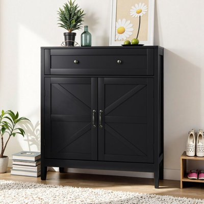 Farmhouse White Storage Cabinet with Walnut Countertop, Adjustable Shelf & Drawer - Freestanding Kitchen Coffee Bar Console for Entryway, Bathroom, Di by Ebern Designs