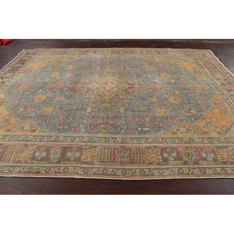 Tapis unique vert / rouge / gris noué à la main 8 pi 1 po x 11 pi années 1960 des années 1960