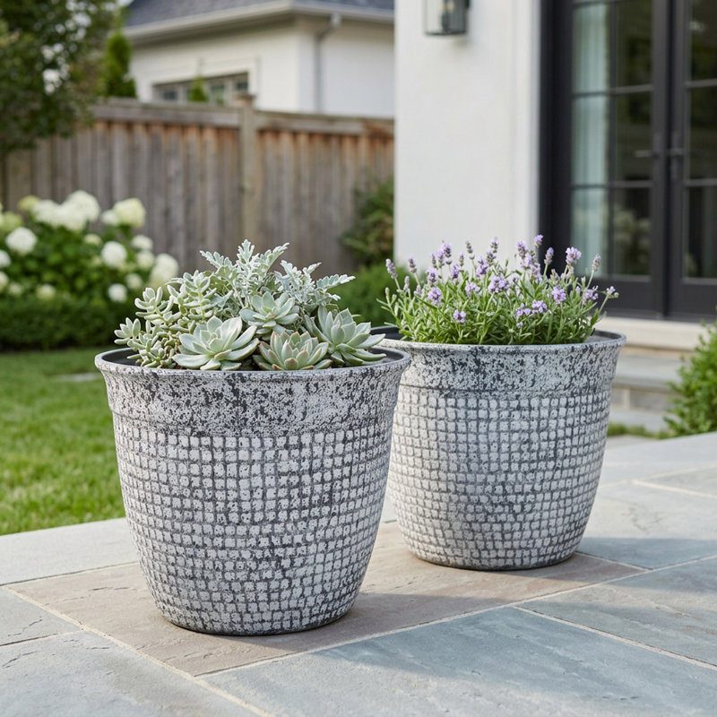 Acerra 2-Piece Mosaic Composite Hand-Painted Pot Planter Set, Concrete