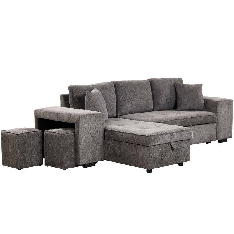 104.5" L-Shape Reversible Sectional With Sleeper And Chaise Storage, Charcoal 3 Seat Bed Storage 2 Stools, Linen Fabric, Color Scheme