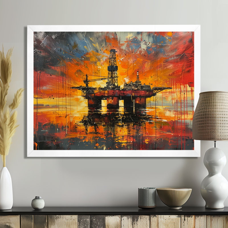 «Orange Orange Oil Rig Ocean Drill» - Art mural, Toile encadrée blanche avec une seule photo, H 16 po x l 32 po x P 1 po