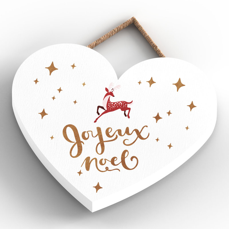 Xmas Joyeux Noel Wooden Heart Plaque, 10cm H x 9cm W x 0.5cm D