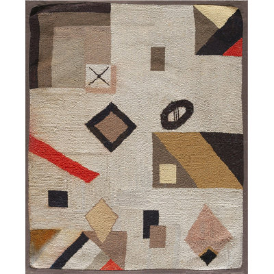 Hooked Ivory American Antique Wool Small Scatter Size 1930s Rug