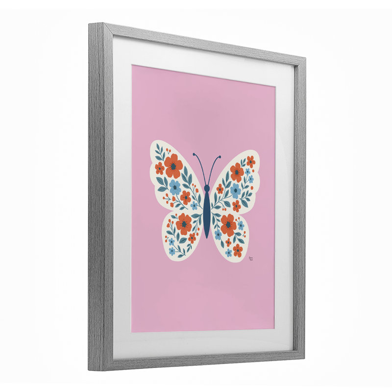 Motif floral bohème rose boho encadré sous verre, design par Jessica Beck, H 16 po x l 13 po, Cadre de ferme gris
