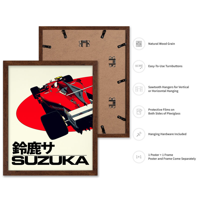 Course de voitures japonaises à Suzuka, Affiche, H 24 po x l 32 po, Encadrement brun