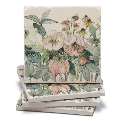 Floral Sketch 4 Pack Tumbled Tile Stone Coasters