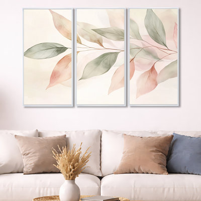 Blush, feuilles botaniques au printemps V - décoration murale abstraite encadrée à 3 panneaux