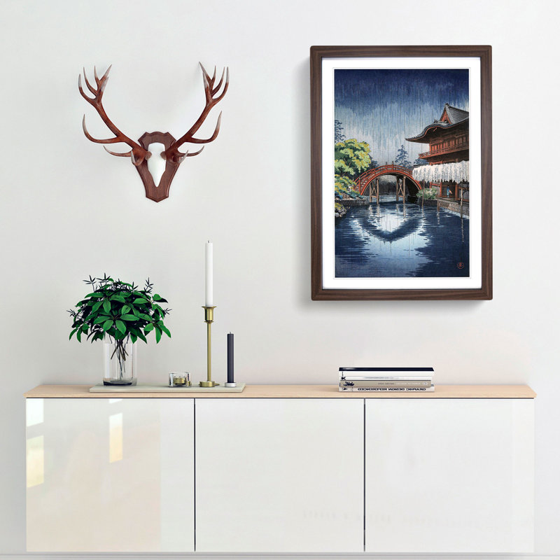 Wisteria & Half Moon Bridge at Kameido by Tsuchiya Koitsu - Framed Print, 36cm H x 27cm W x 2cm D, Walnut Framed
