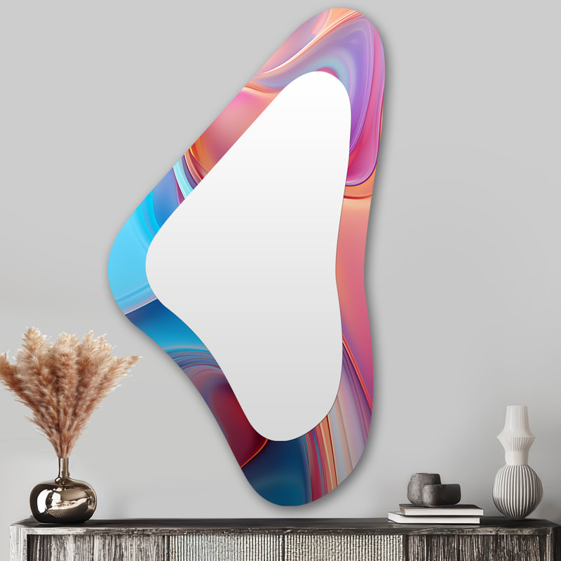 Transitional pink and blue Shapes I - Transitional Shapes Asymmetrical Mirror, Pink Unique Shape Unique Wall Mirror, Printed Metal Art
