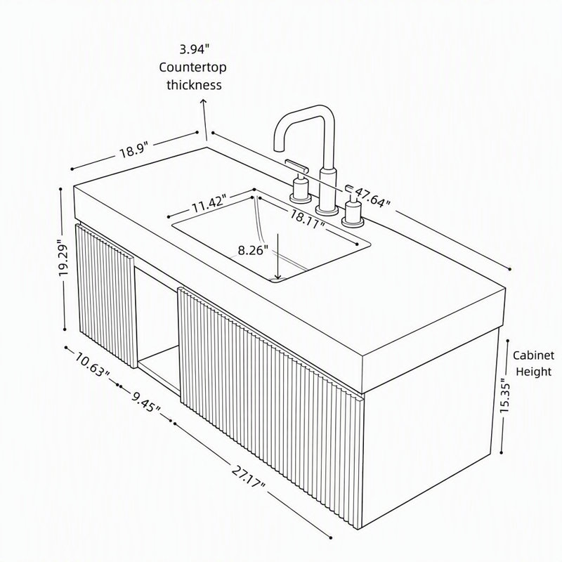 Meuble-lavabo suspendu de 122 cm (48 pouces) avec dessus en pierre frittée couleur crème veinée or, lavabo en céramique et trois trous prépercés pour robinetterie.