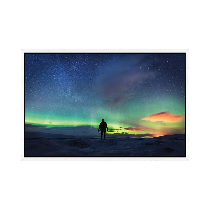 Silhouetted Man With Aurora Northern Lights by James Vodicka - Print on Canvas, 101.6 cm H x 66.04 cm W, White Framed