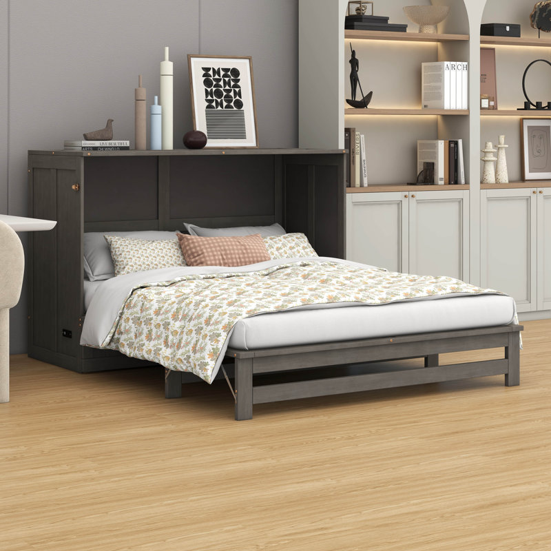 Queen Size Murphy Bed With Built-In Charging Station, Wooden Storage Murphy Bed Frame With Drawer