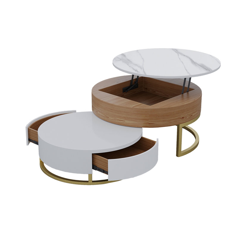 Table basse à plateau relevable rond en bois 31,5 po et 27,56 po Dolce Vita Blanc-Naturel, Plateau blanc / base naturelle