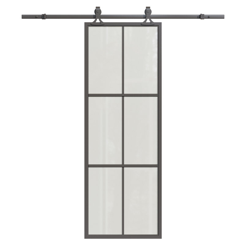 Porte de grange coulissante moderne en métal et verre dépoli à 6 carreaux, 76 cm x 213 cm, avec trousse de quincaillerie d'installation