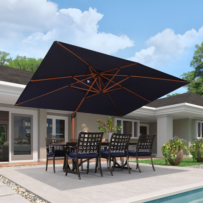 156'' x 120'' Double Top Wood Pattern Rectangle Umbrella with Steel Plate Base, Navy