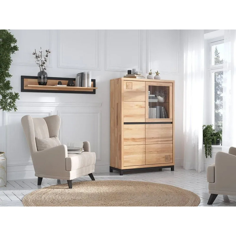 Armoire-bar moderne et multifonctionnelle avec portes en verre - Bois massif certifié FSC, support en HDF, mécanisme de fermeture automatique