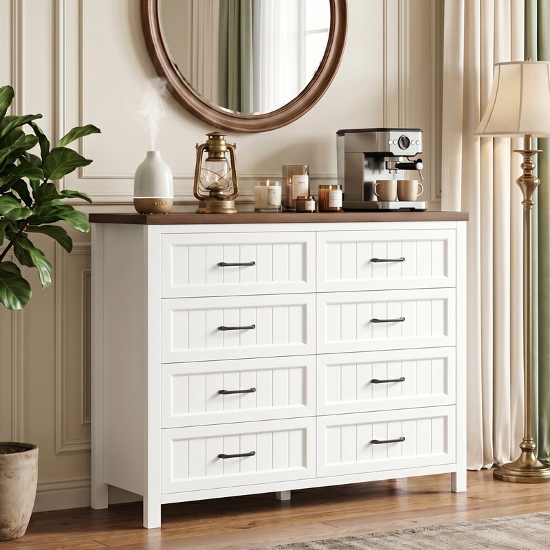 Commode 8 tiroirs à grain de bois avec dessus imperméable - Commode robuste pour chambre à coucher / salon