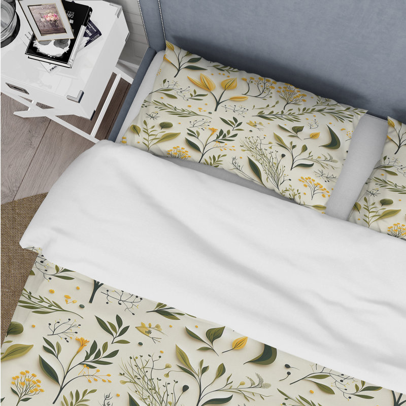 Ensemble de housse de couette jaune et vert à motif floral Simplicity, Housse de couette pour très grand lit et 2 très