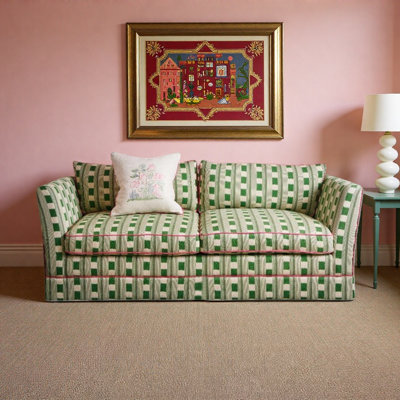 Vintage green checkered straight-backed fabric sofa