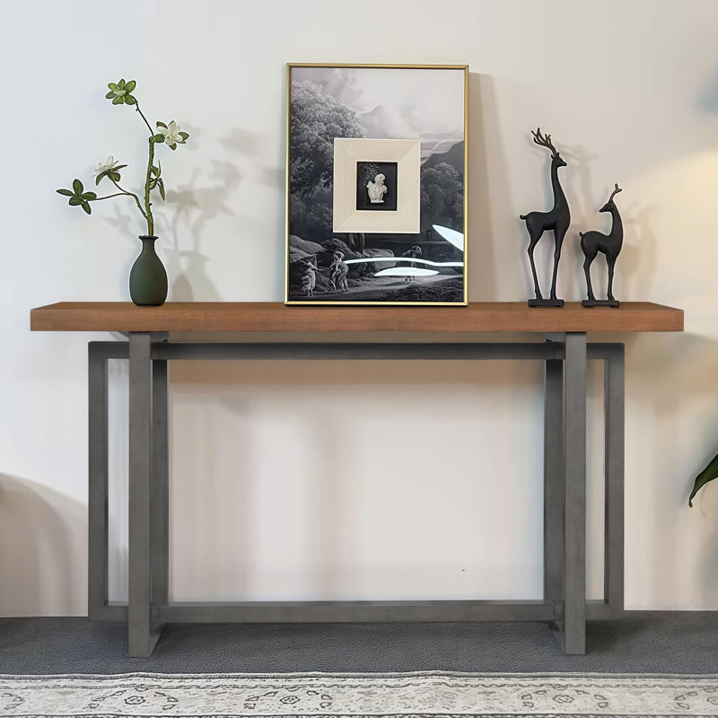 Console étroite 59 po - Pieds rectangulaires en bois d'hévéa, Gris / Brun