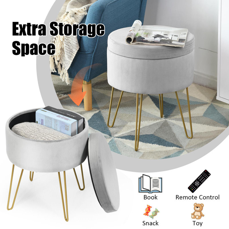 Repose-pieds de rangement rond 15 po Celecia, Velours gris