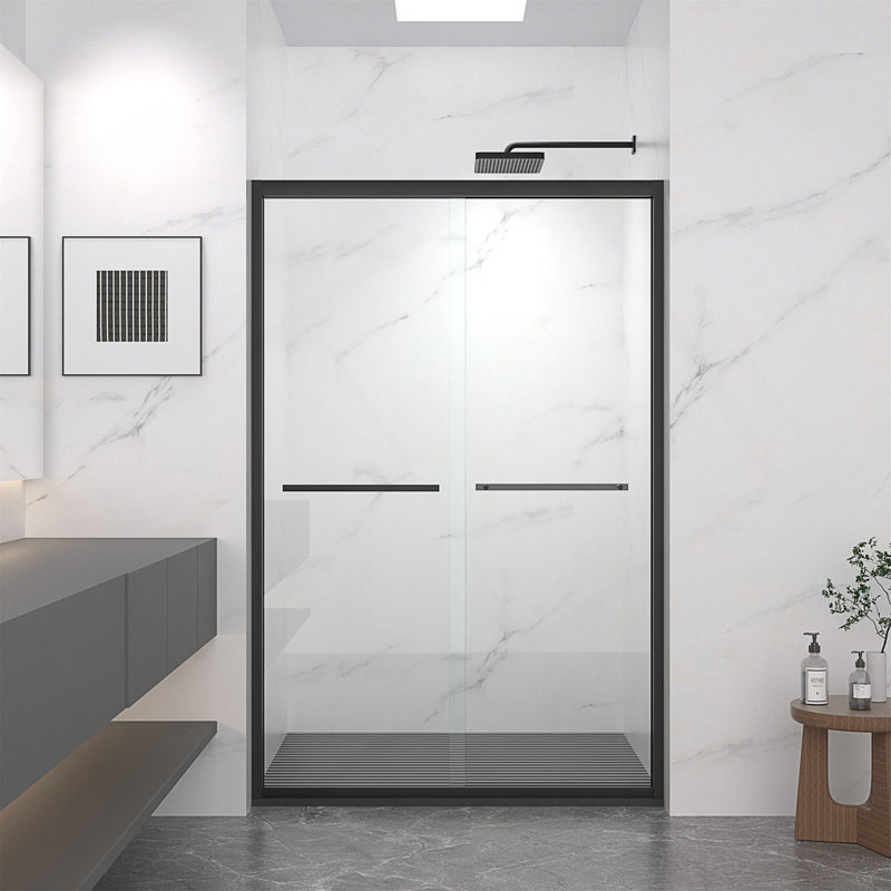 Adjustable 44-48X72 Inch Aluminum Frame Sliding Shower Door, Clear Tempered Glass With Black Hardware For Modern Bathrooms