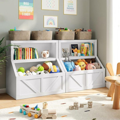 Armoire de rangement ouverte à 2 niveaux, organisateur de livres et de jouets avec 2 grands casiers ouverts, unité de rangement en bois composite blanc pour la chambre de jeu
