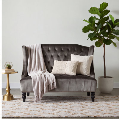 Grey Velvet Wingback Loveseat with Button-Tufted Diamond Stitching