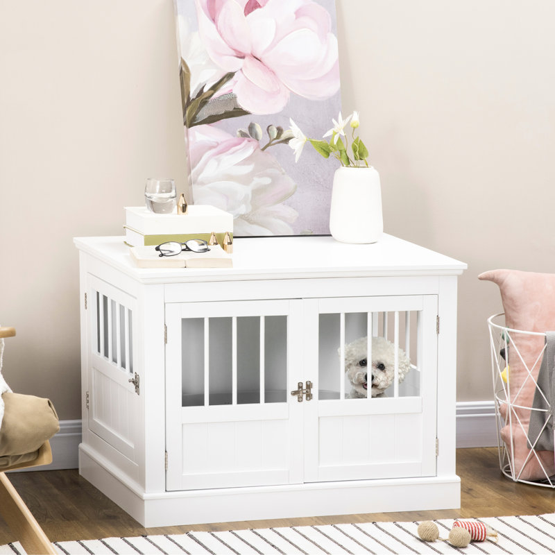 Petit chenil blanc pour chien Avec un bureau spacieux, une triple configuration de porte, une pièce de fixation magnétique, un bureau de caisse en tube d'acier. Table, composition, reliure, matériau