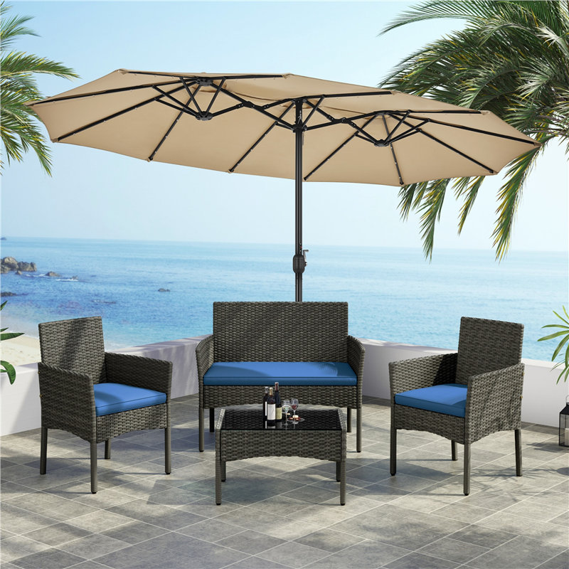 Ensemble de 4 tables de réception d'extérieur avec plateau en verre trempé, Bleu très foncé, Gris
