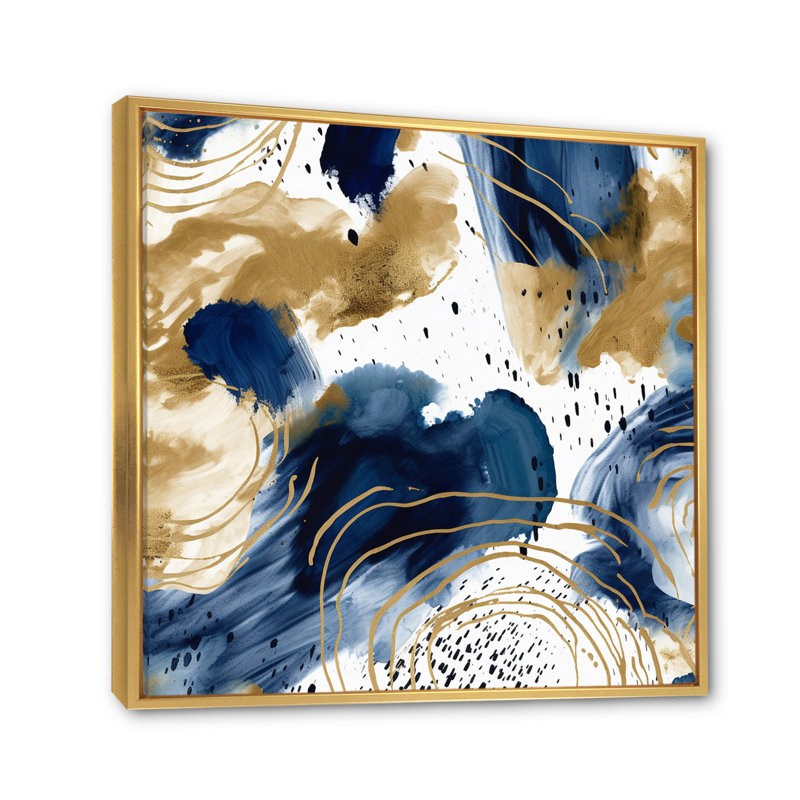 Motif abstrait avec textures bleues et dorées II - Décoration murale abstraite, 16" H x 16" W, Cadre flottant doré
