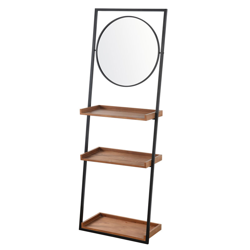 Tablettes décoratives Lorilai - Miroir rond - Finition bois brun