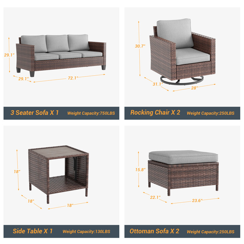 6-Piece PE Rattan Wicker Patio Furniture Set with Swivel Rocking Chairs, Ottomans & Removable Waterproof Cushions, All-Weather Conversation Set for Deck Backyard Garden