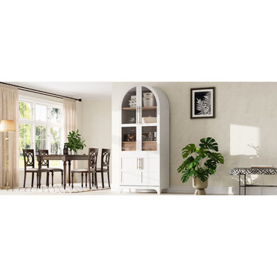 Armoire de rangement arquée blanche pour salle à manger avec 4 portes, rangement interne de porte et tiroir caché, tablettes de garde-manger de 71 pouces de hauteur, réglables