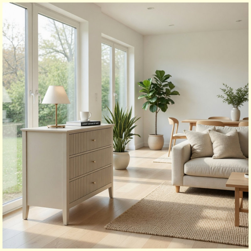 Grande table de bout moderne de 32 po à 3 tiroirs, grande table de bout moderne avec rangement, Beige