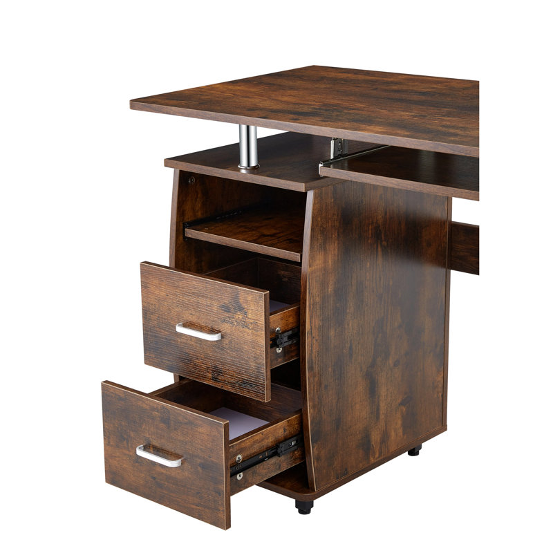 Antique Brown Desk With Drawer Storage And Stable Structure Rectangular Computer Keyboard Tray Ample