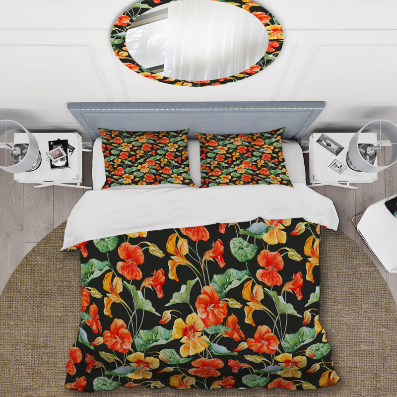 Fleurs orange et jaunes - Ensemble de housse de couette floral - Polyester microfibre