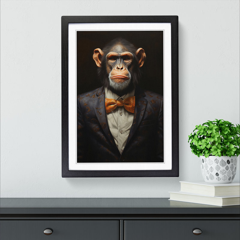 Monkey In A Suit Painting No.4 - Single Picture Frame Print on Wood, Black Framed, 46cm H x 34cm W x 2cm D