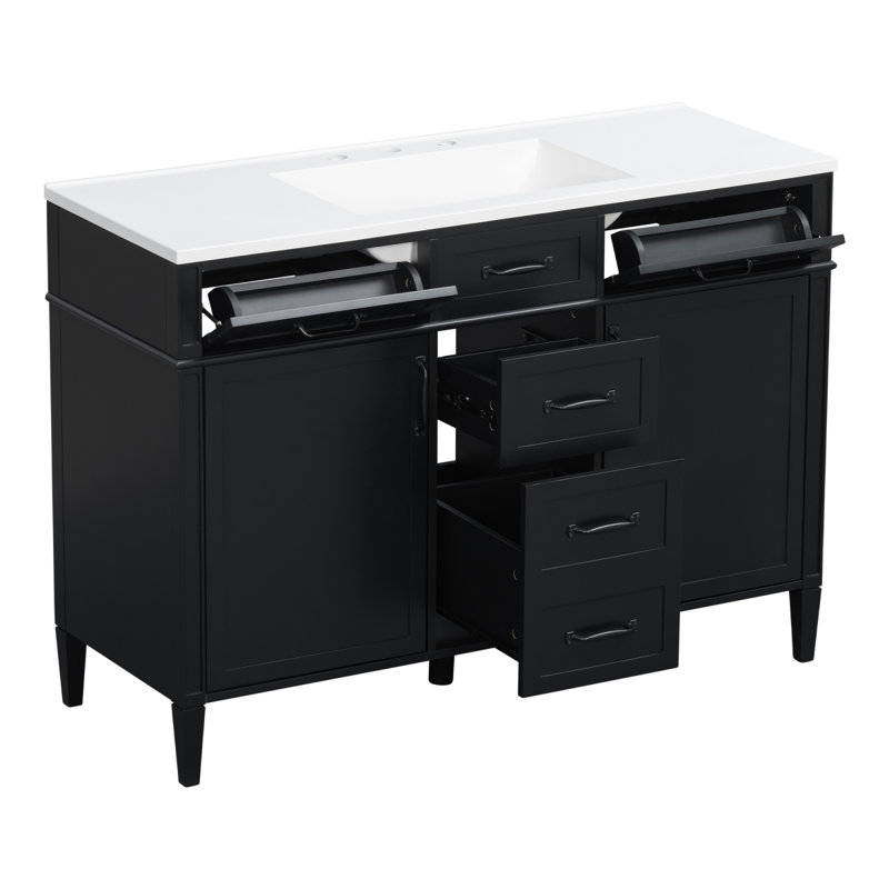 Meuble-lavabo autoportant 48 po avec 4 tiroirs, 2 portes, tablettes réglables et poignées noires, Noir, Noir