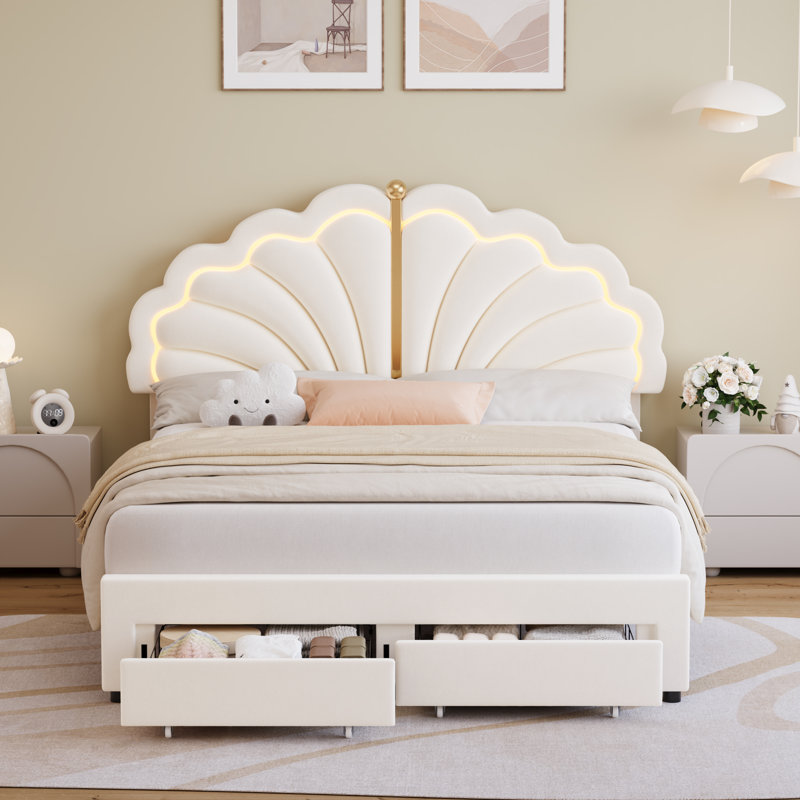 Upholstered Kids LED Bed Frame with Storage Drawers, Princess Platform Bed with Adjustable Headboard, Cream, Full / Double