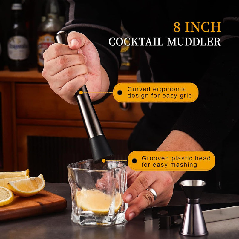 Black Stainless Steel Bartender Kit with Bamboo Stand