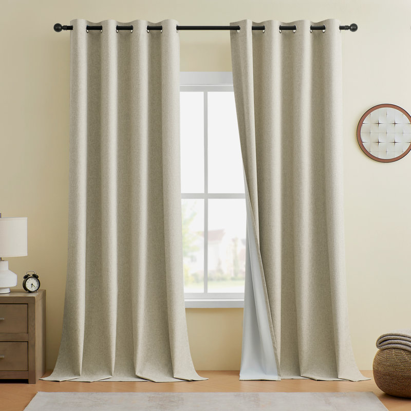 Leming Linen Like Polyester Blackout Room Darkening Grommet Curtain Pair, 52" W x 96" L, Oat Meal