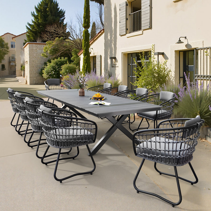 10 - Person Outdoor Dining Set with Umbrella Hole and Removable Cushion, Gray/Dark Gray