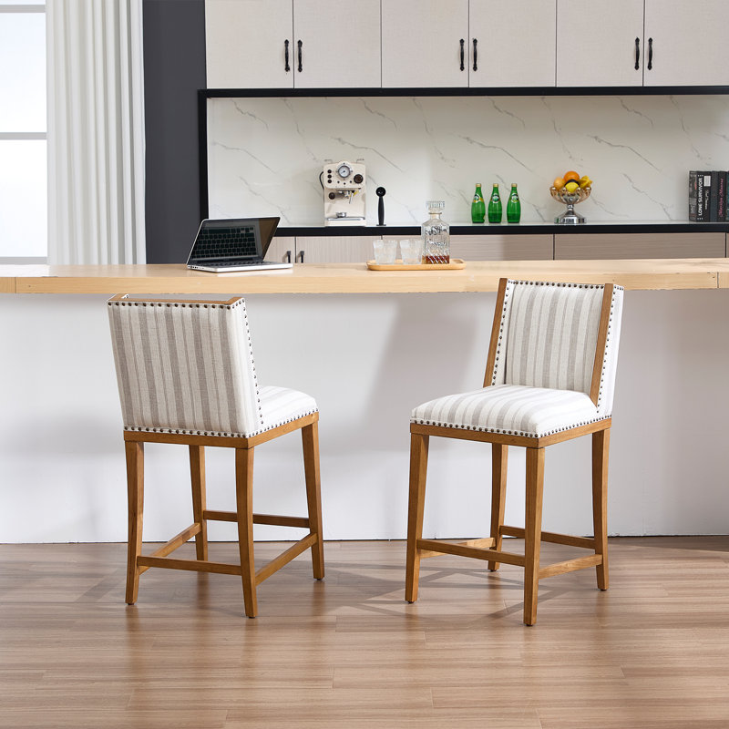 Farmhouse Solid Wood Barstools With Vintage Brass Studs, Upholstered Low Barstools For Bar Counters And Kitchen Islands Set Of 2