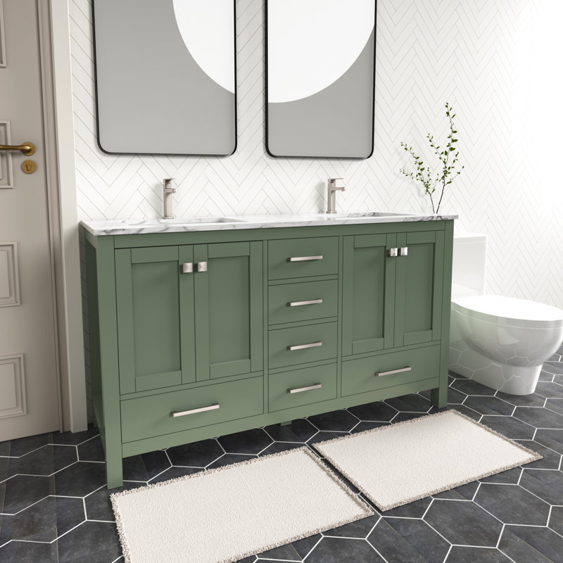 Meuble-lavabo autoportant 60 po Anvay, Marbre de Carrare blanc, Vert forêt