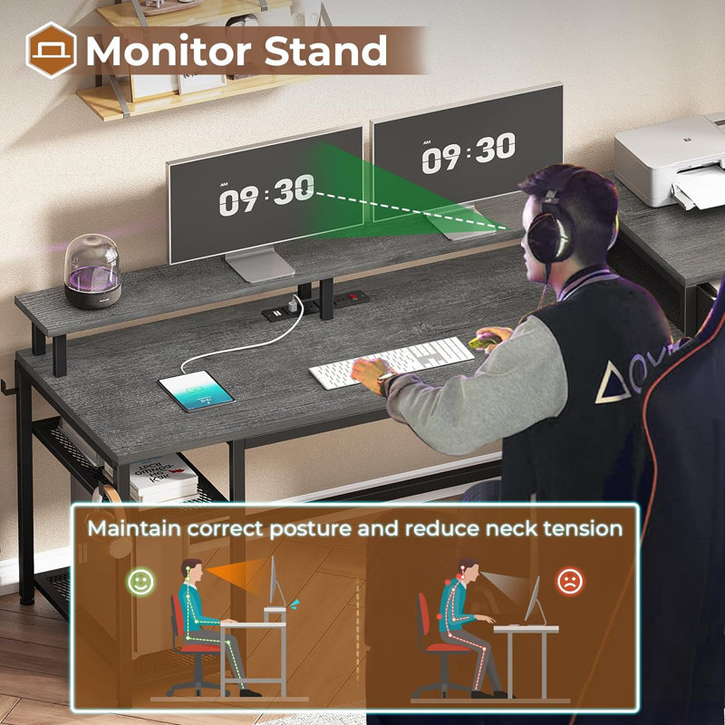 Metal Base Computer Desk with Power Outlet, Grey/Black
